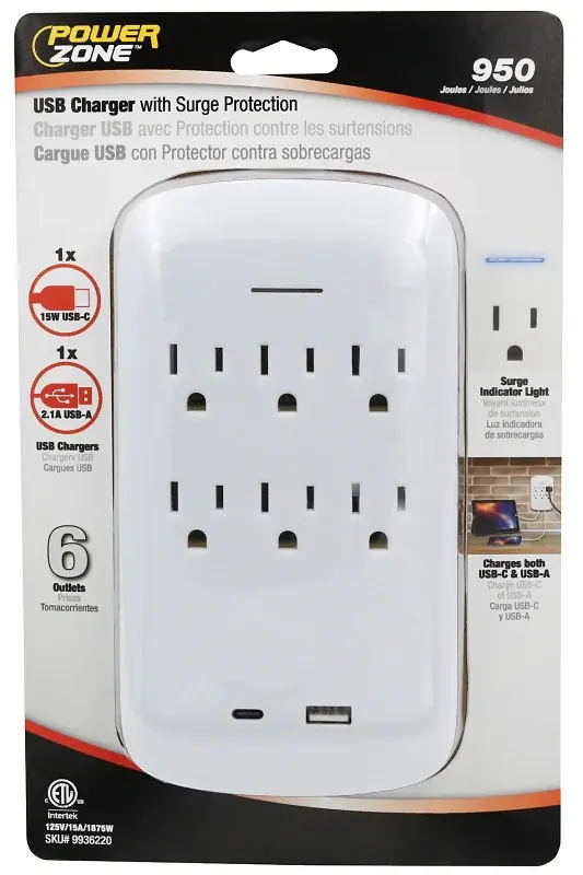 High Quality PowerZone ORPBSU072 Outlet Tap, 2.1 A, 1-USB Port, 6-Outlet, White