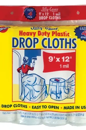 Authentic Warp's JC-9124 Drop Cloth, 12 ft L, 9 ft W, 1 mil Thick, Plastic, Pack of 6