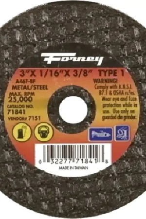 Weekend Sale Forney 71841 Cut-Off Wheel, 3 in Dia, 1/16 in Thick, 3/8 in Arbor, 46 Grit, Medium, Aluminum Oxide Abrasive