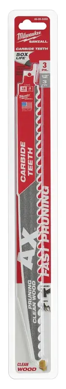 While Supplies Last Milwaukee AX 48-00-5333 Pruning Blade, 12 in Blade, 3 TPI, Carbide Blade, For: Reciprocating Saws