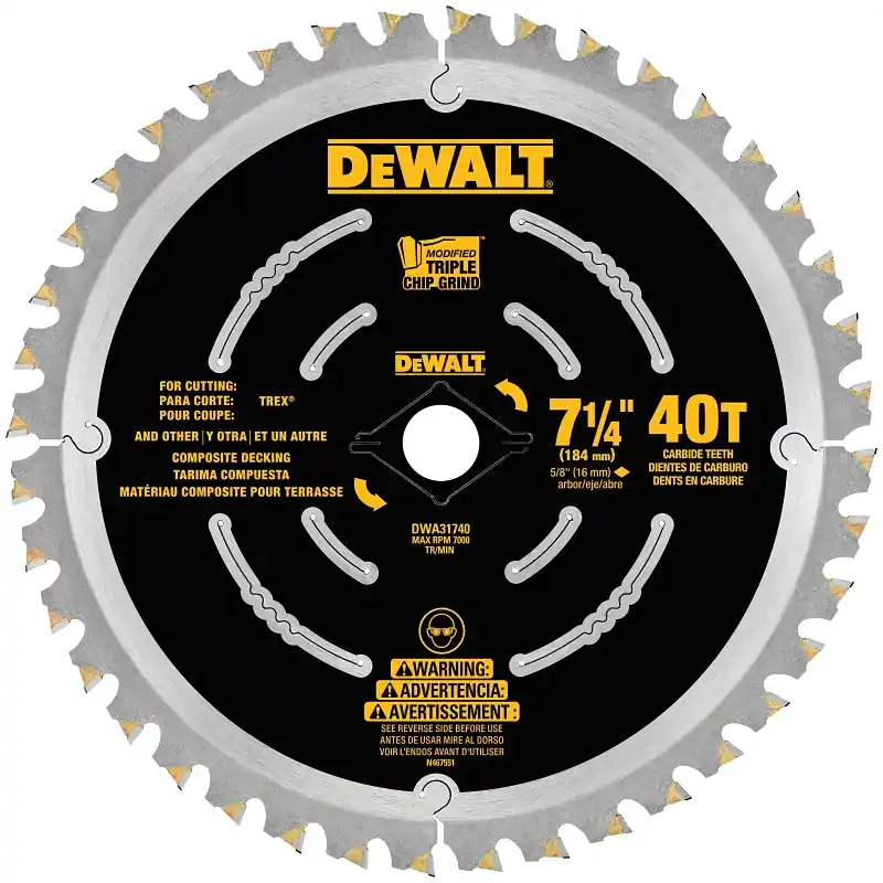 Authentic DEWALT DWA31740 Decking Saw Blade, 7-1/4 in Dia, 5/8 in Arbor, 40-Teeth