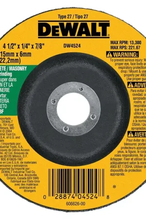 Best Choice DEWALT DW4524 Grinding Wheel, 4-1/2 in Dia, 1/4 in Thick, 7/8 in Arbor, 24 Grit, Very Coarse, Silicon Carbide Abrasive