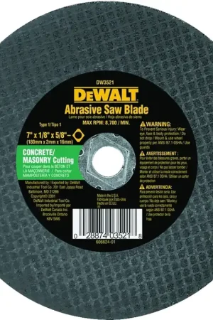 Trusted Brand DEWALT High Performance Series DW3521 Abrasive Saw Blade, 7 in Dia, 5/8 in Arbor, Aluminum Oxide Cutting Edge, Pack of 25