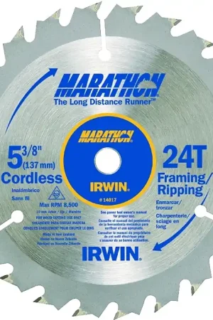 Authentic Irwin Marathon 14017 Circular Saw Blade, 5-3/8 in Dia, 0.39 in Arbor, 24-Teeth, Carbide Cutting Edge