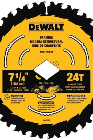 Crafted DEWALT DWA171424DB10 Circular Saw Blade, 7-1/4 in Dia, 5/8 in Arbor, 24-Teeth, Tungsten Carbide Cutting Edge, 10/PK, Pack of 10
